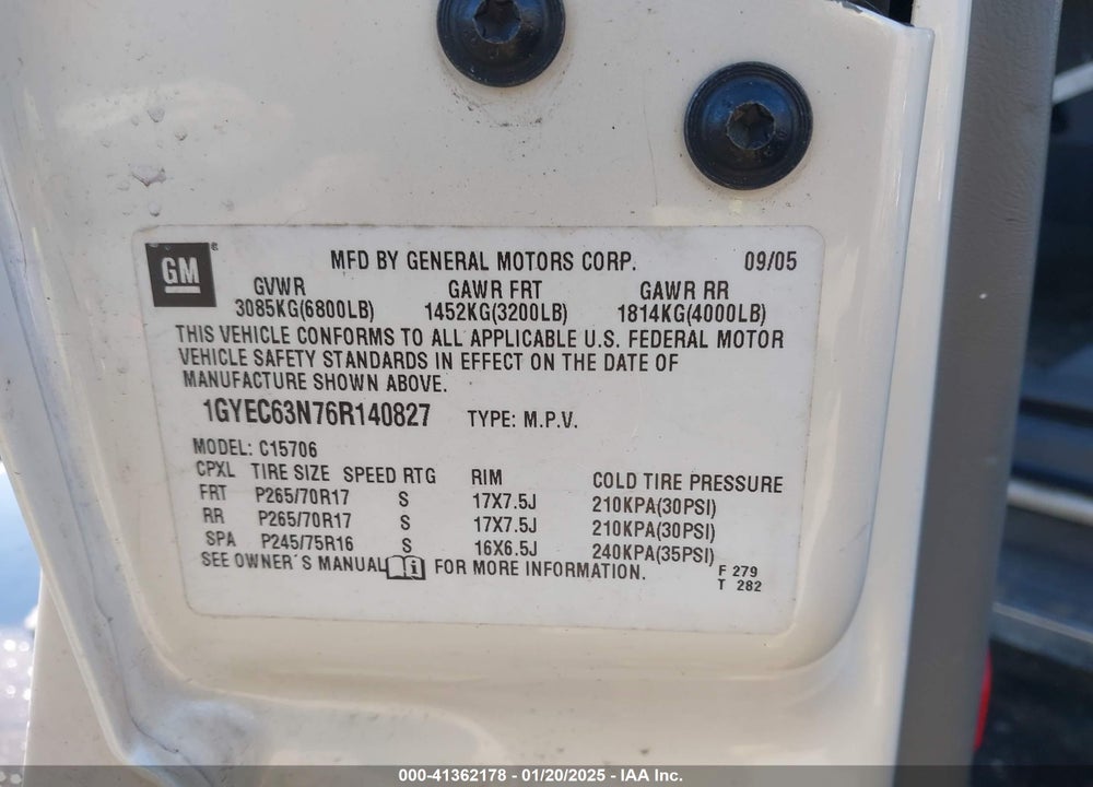 2006 CADILLAC ESCALADE STANDARD VIN: 1GYEC63N76R140827