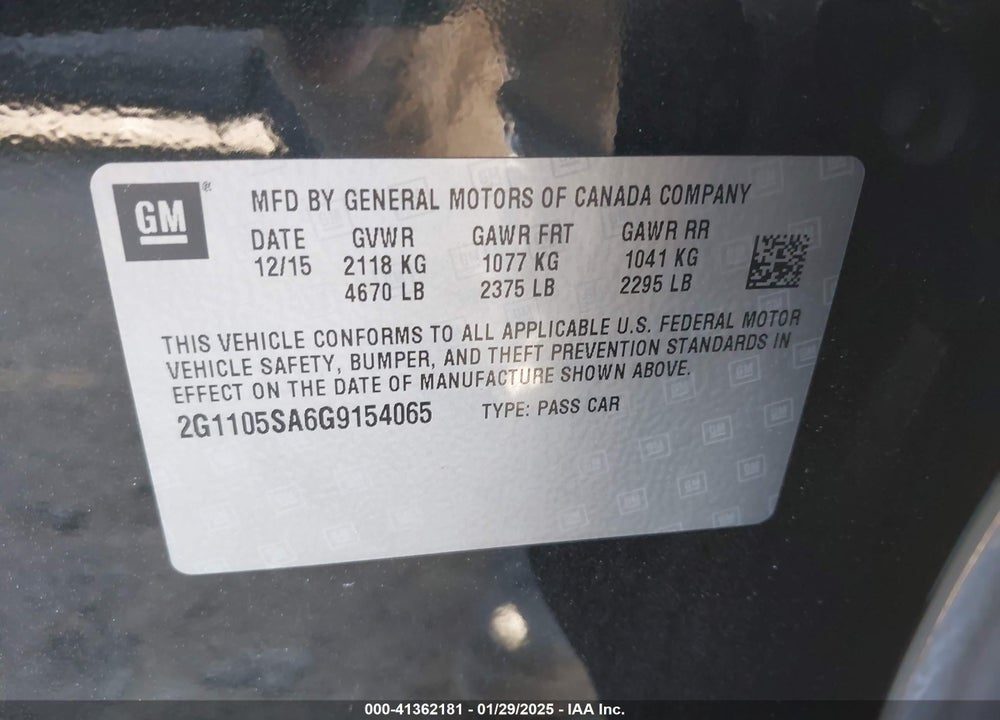 2016 CHEVROLET IMPALA VIN: 2G1105SA6G9154065