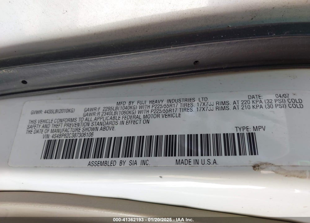 2008 SUBARU OUTBACK VIN: 4S4BP62C387306106