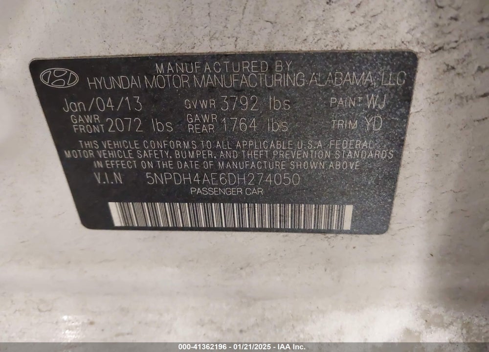 2013 HYUNDAI ELANTRA VIN: 5NPDH4AE6DH274050