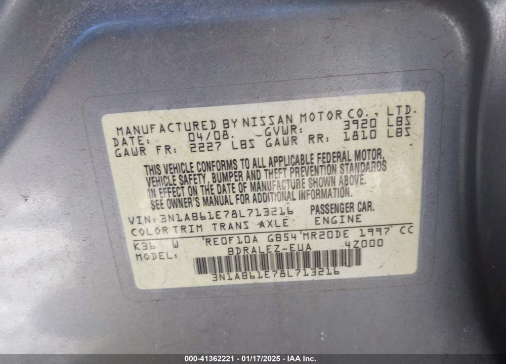 2008 NISSAN SENTRA 2.0S VIN: 3N1AB61E78L713216