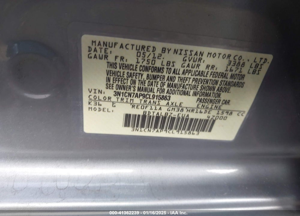 2012 NISSAN VERSA VIN: 3N1CN7AP9CL915863