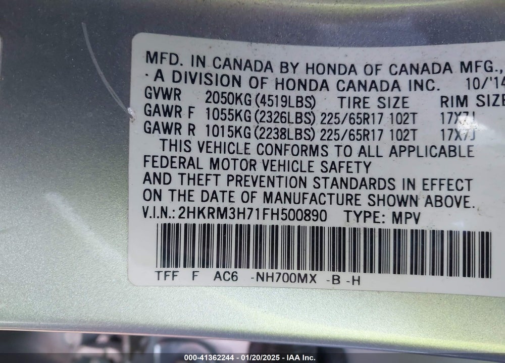 2015 HONDA CR-V EX-L VIN: 2HKRM3H71FH500890