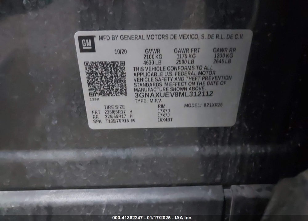 2021 CHEVROLET EQUINOX VIN: 3GNAXUEV8ML312112
