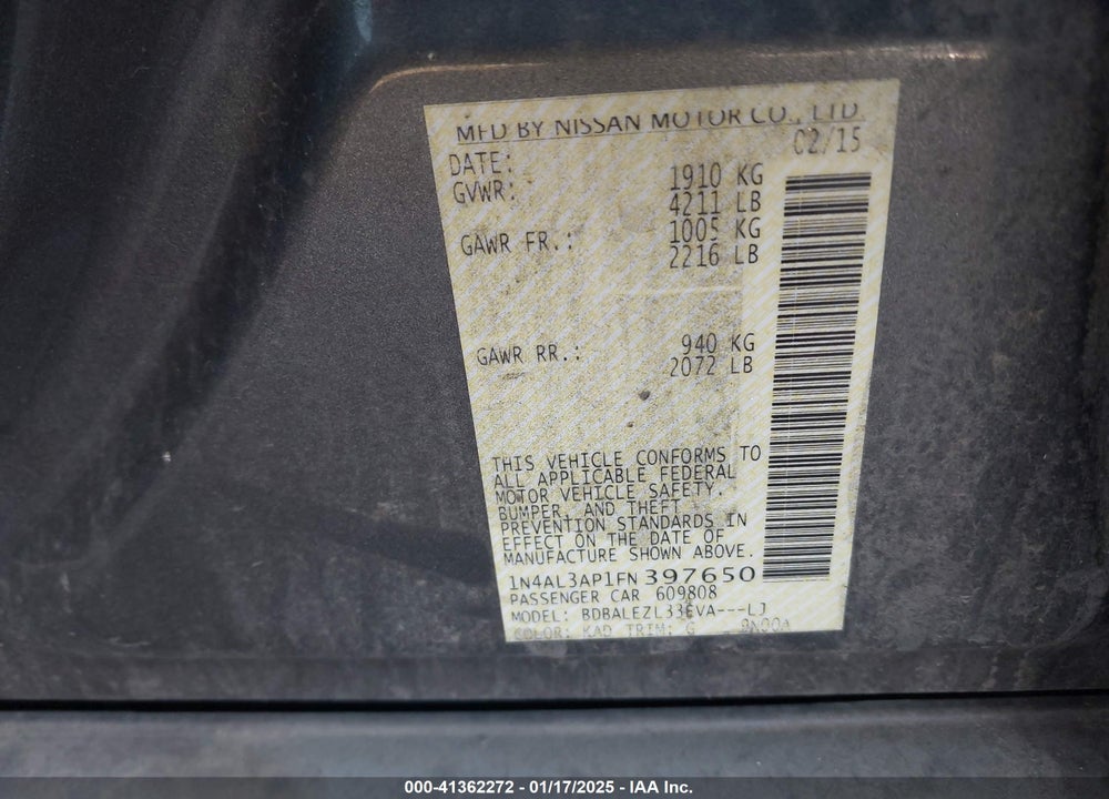 2015 NISSAN ALTIMA 2.5 S VIN: 1N4AL3AP1FN397650