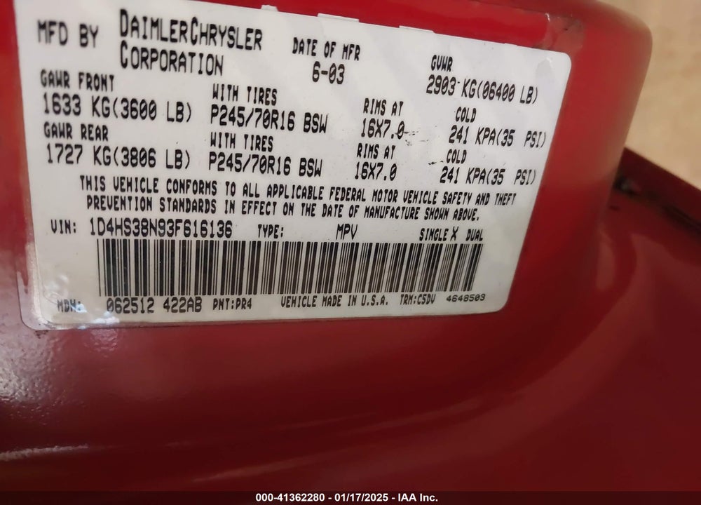 2003 DODGE DURANGO SPORT/SXT VIN: 1D4HS38N93F616136