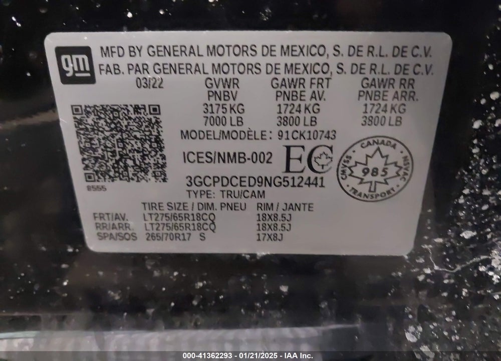 2022 CHEVROLET SILVERADO 1500 VIN: 3GCPDCED9NG512441