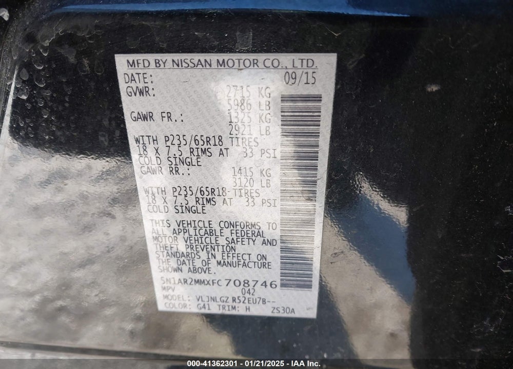 2015 NISSAN PATHFINDER SL VIN: 5N1AR2MMXFC708746