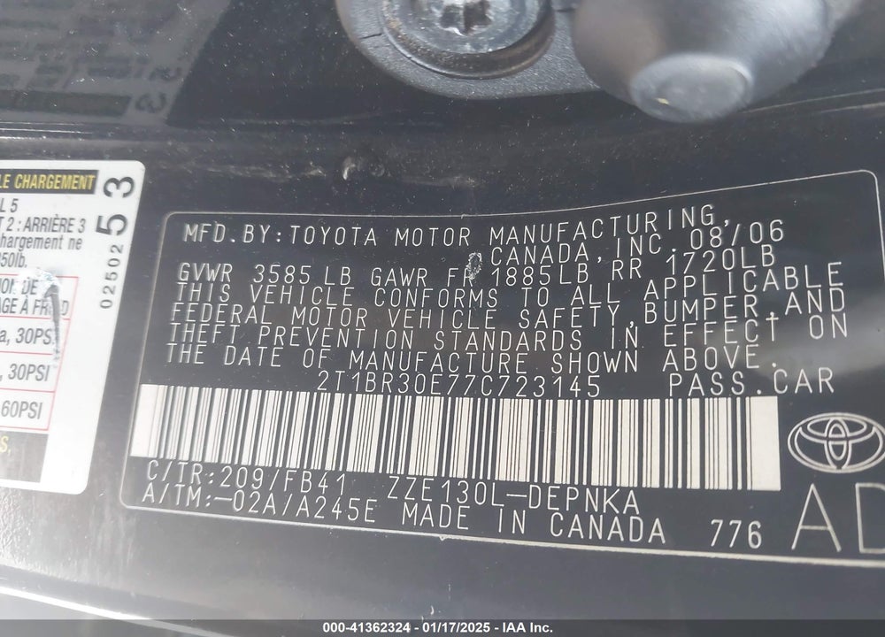 2007 TOYOTA COROLLA LE VIN: 2T1BR30E77C723145
