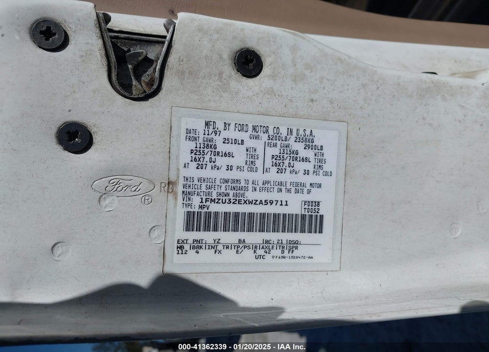 1998 FORD EXPLORER EDDIE BAUER/LIMITED/XL/XLT VIN: 1FMZU32EXWZA59711