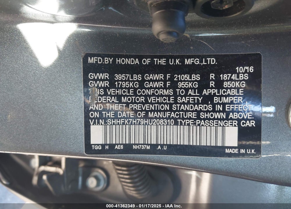 2017 HONDA CIVIC EX-L VIN: SHHFK7H79HU208310
