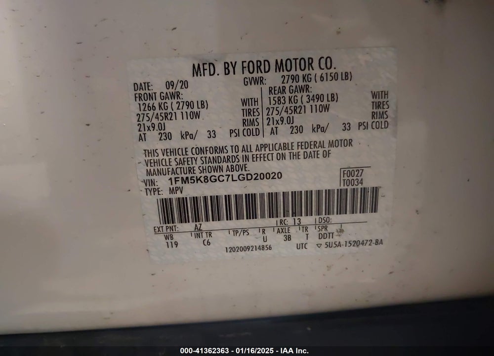 2020 FORD EXPLORER ST VIN: 1FM5K8GC7LGD20020