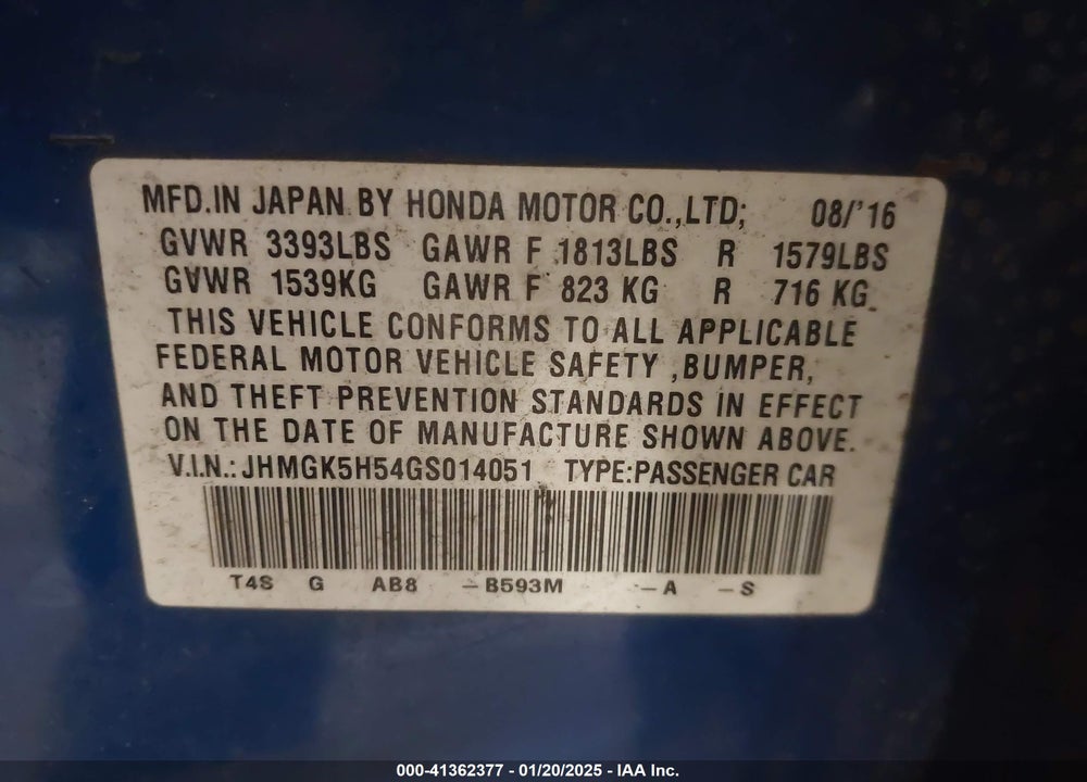 2016 HONDA FIT LX VIN: JHMGK5H54GS014051