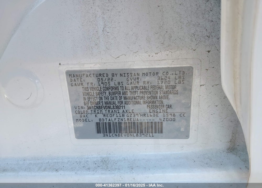 2022 NISSAN VERSA 1.6 SV XTRONIC CVT VIN: 3N1CN8EV0NL839211