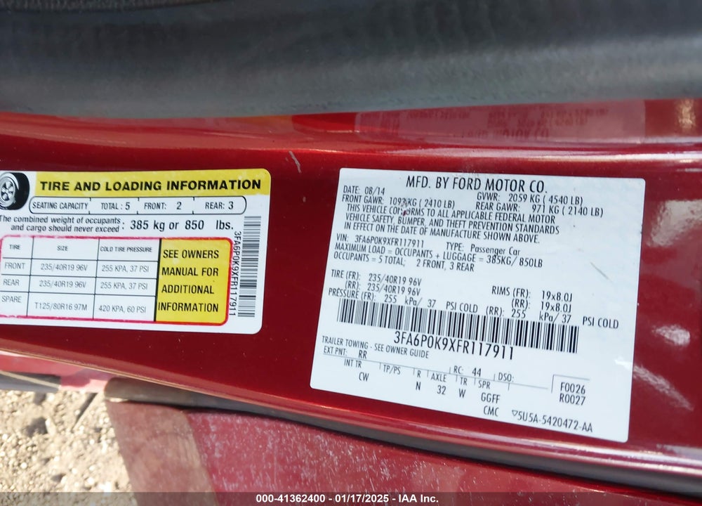 2015 FORD FUSION VIN: 3FA6P0K9XFR117911