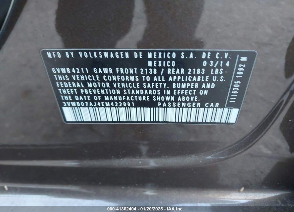 2014 VOLKSWAGEN JETTA VIN: 3VWB07AJ4EM422881
