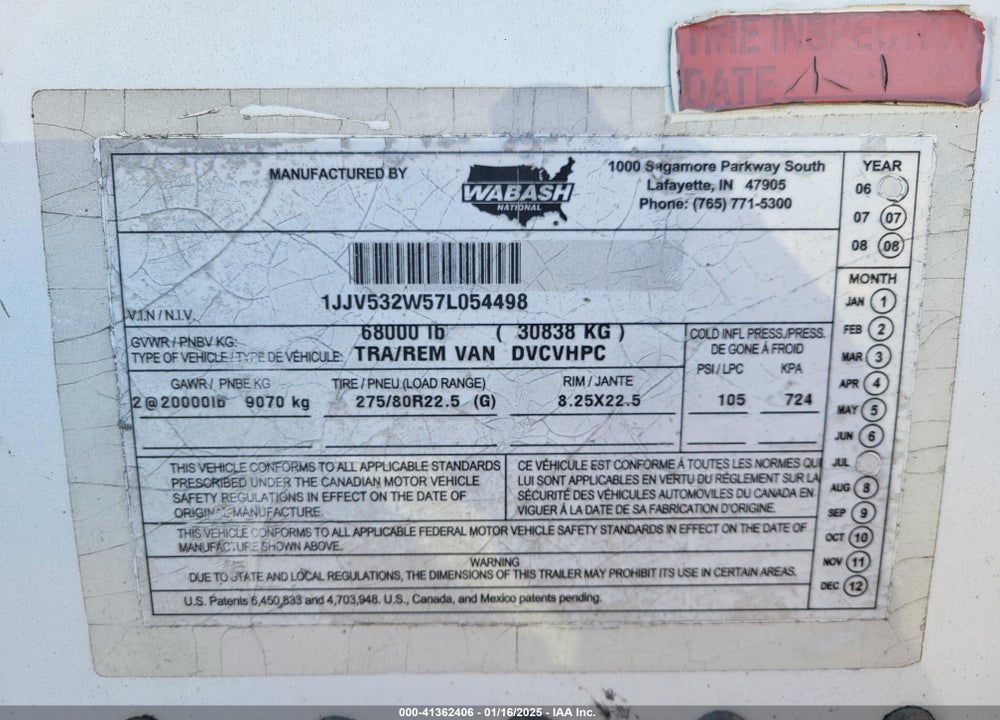 2007 WABASH NATIONAL CORP TRAILER VIN: 1JJV532W57L054498