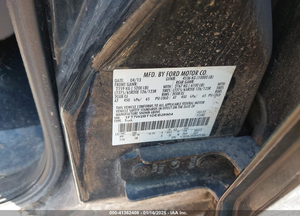 2013 FORD F-250 VIN: 1FT7W2BT1DEB28904