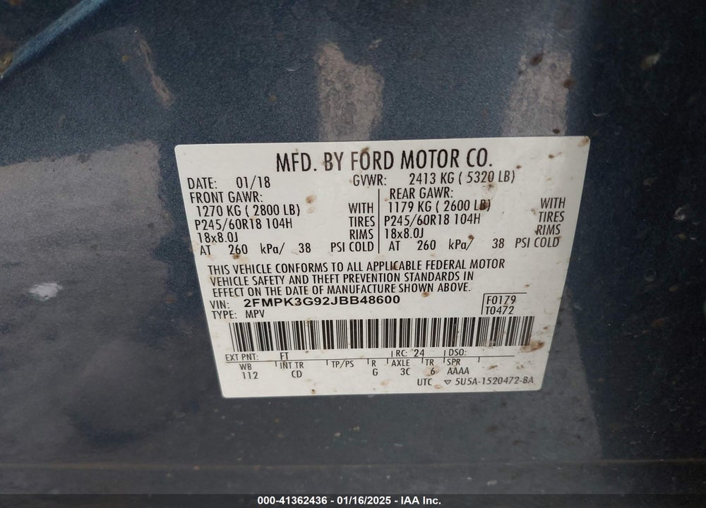 2018 FORD EDGE SE VIN: 2FMPK3G92JBB48600
