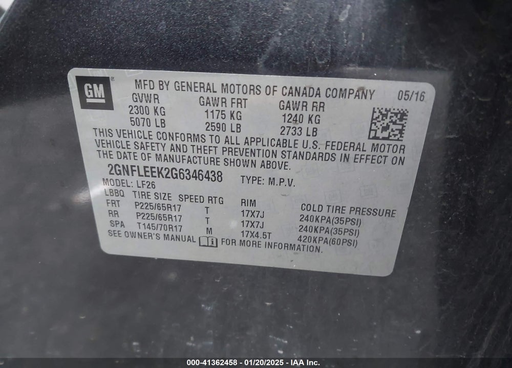 2016 CHEVROLET EQUINOX VIN: 2GNFLEEK2G6346438