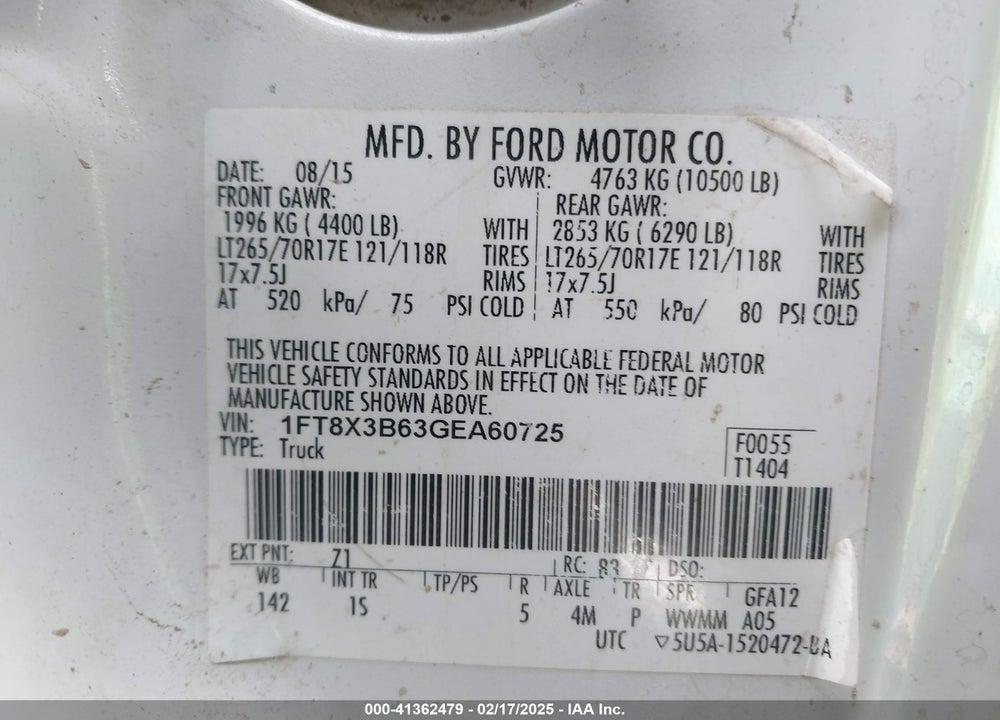 2016 FORD F 350 VIN: 1FT8X3B63GEA60725