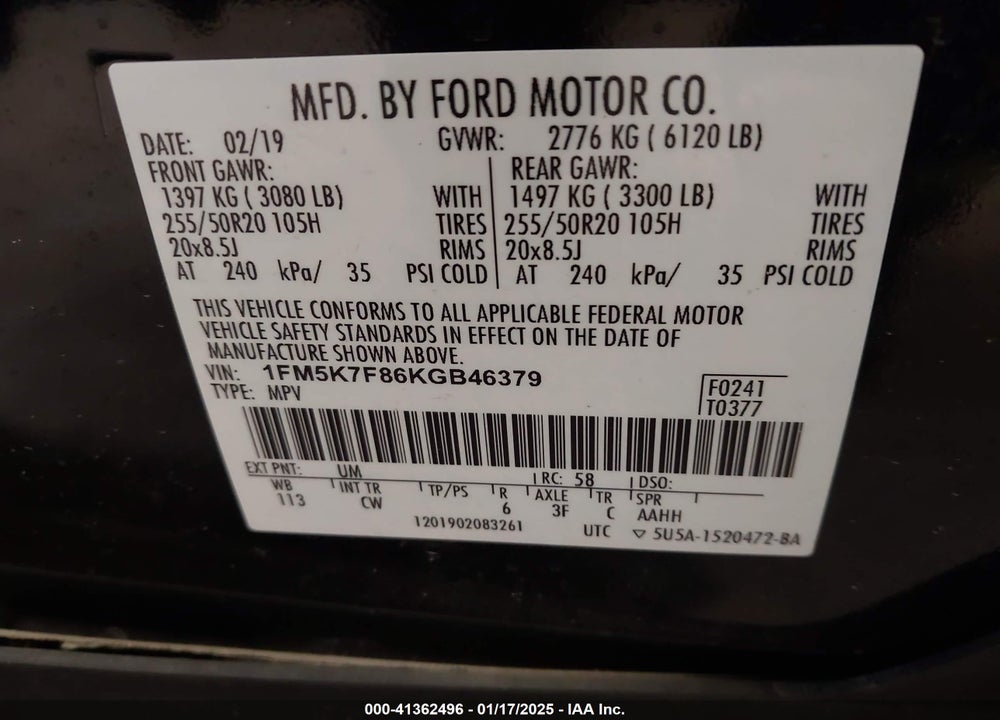2019 FORD EXPLORER LIMITED VIN: 1FM5K7F86KGB46379