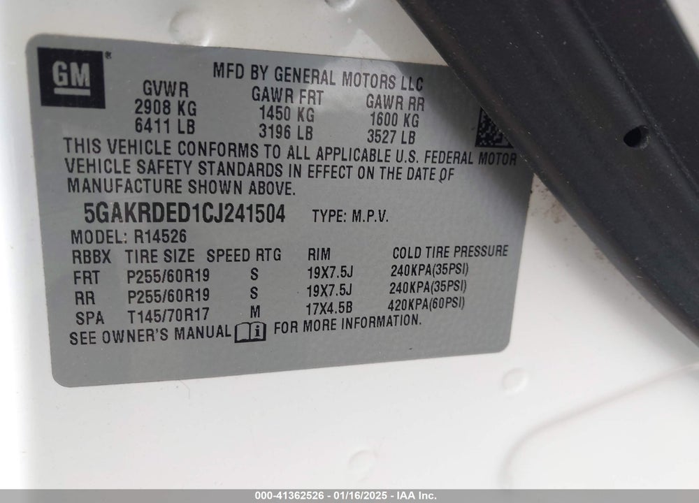 2012 BUICK ENCLAVE PREMIUM VIN: 5GAKRDED1CJ241504