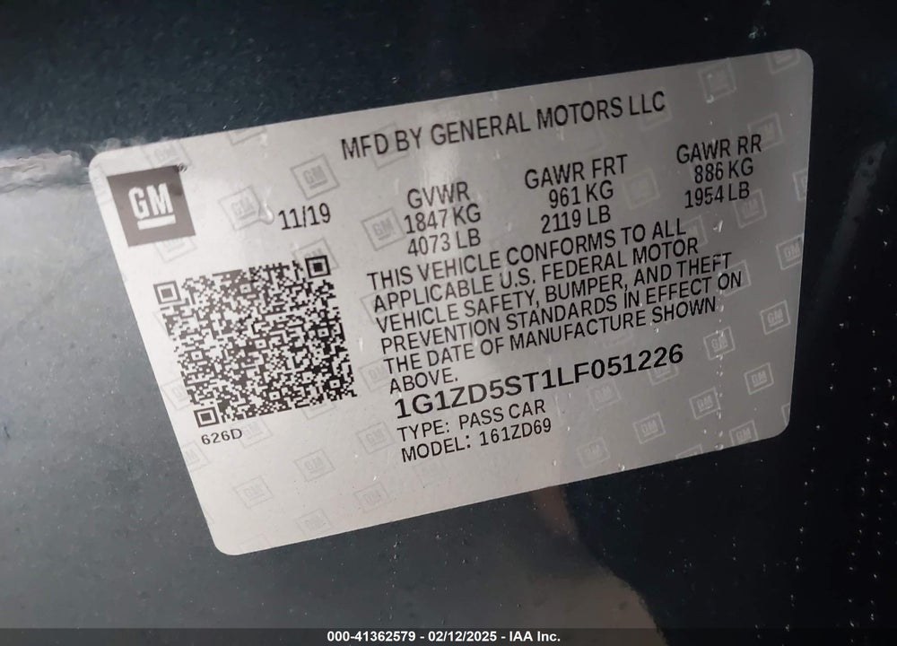 2020 CHEVROLET MALIBU FWD LT VIN: 1G1ZD5ST1LF051226