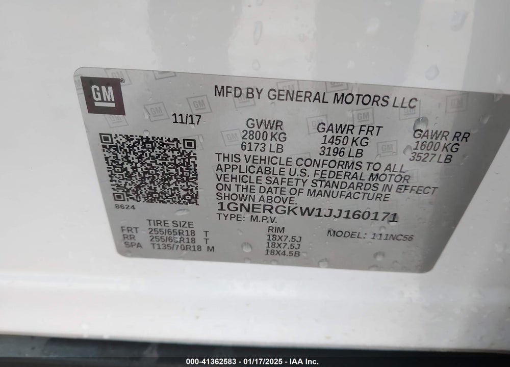2018 CHEVROLET TRAVERSE VIN: 1GNERGKW1JJ160171