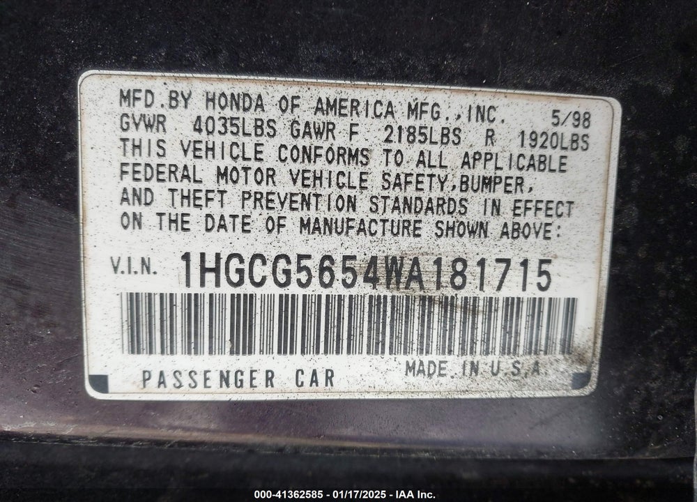 1998 HONDA ACCORD EX VIN: 1HGCG5654WA181715