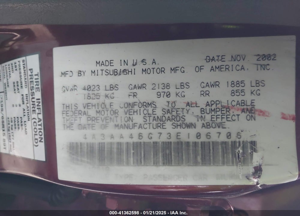 2003 MITSUBISHI GALANT VIN: 4A3AA46G73E106706