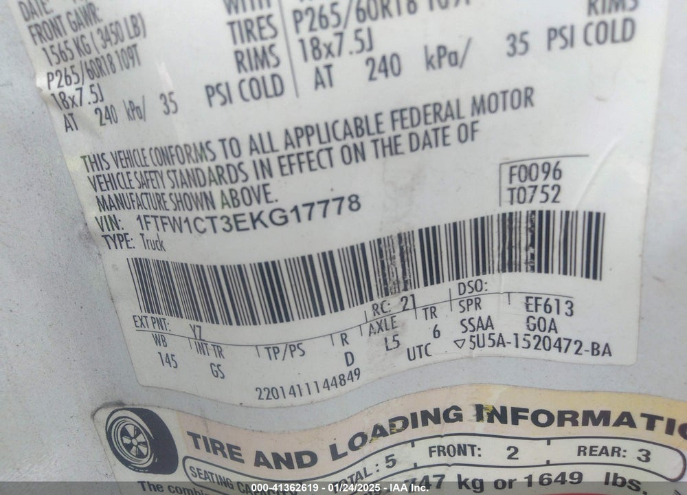 2014 FORD F150 VIN: 1FTFW1CT3EKG17778