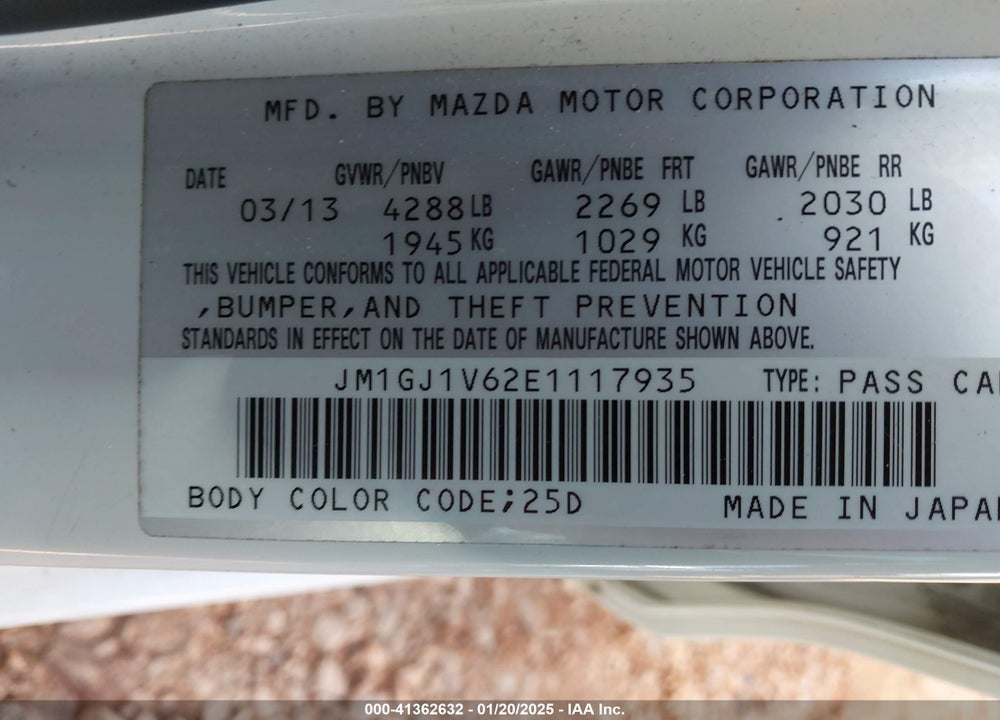 2014 MAZDA MAZDA6 VIN: JM1GJ1V62E1117935