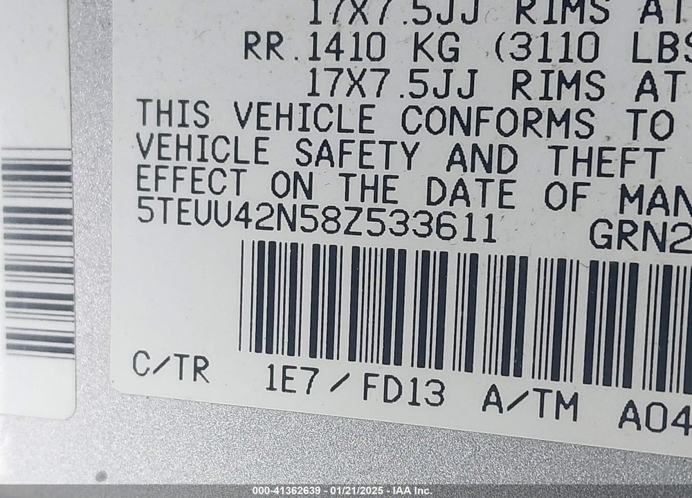 2008 TOYOTA TACOMA VIN: 5TEUU42N58Z533611