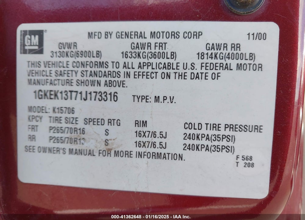 2001 GMC YUKON SLT VIN: 1GKEK13T71J173316