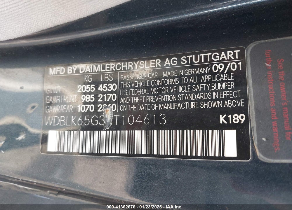 2002 MERCEDES-BENZ CLK 320 VIN: WDBLK65G32T104613