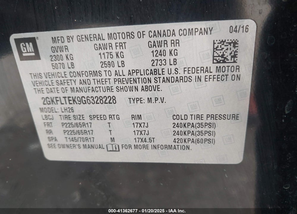 2016 GMC TERRAIN VIN: 2GKFLTEK9G6328228