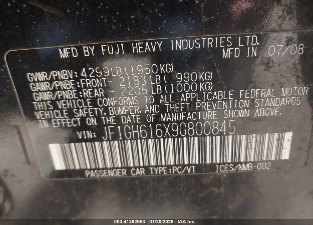 2009 SUBARU IMPREZA 2.5I VIN: JF1GH616X9G800845