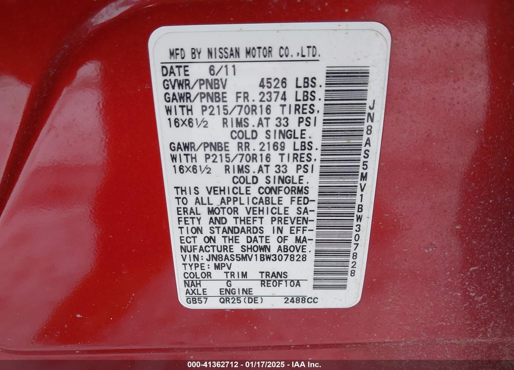 2011 NISSAN ROGUE S VIN: JN8AS5MV1BW307828