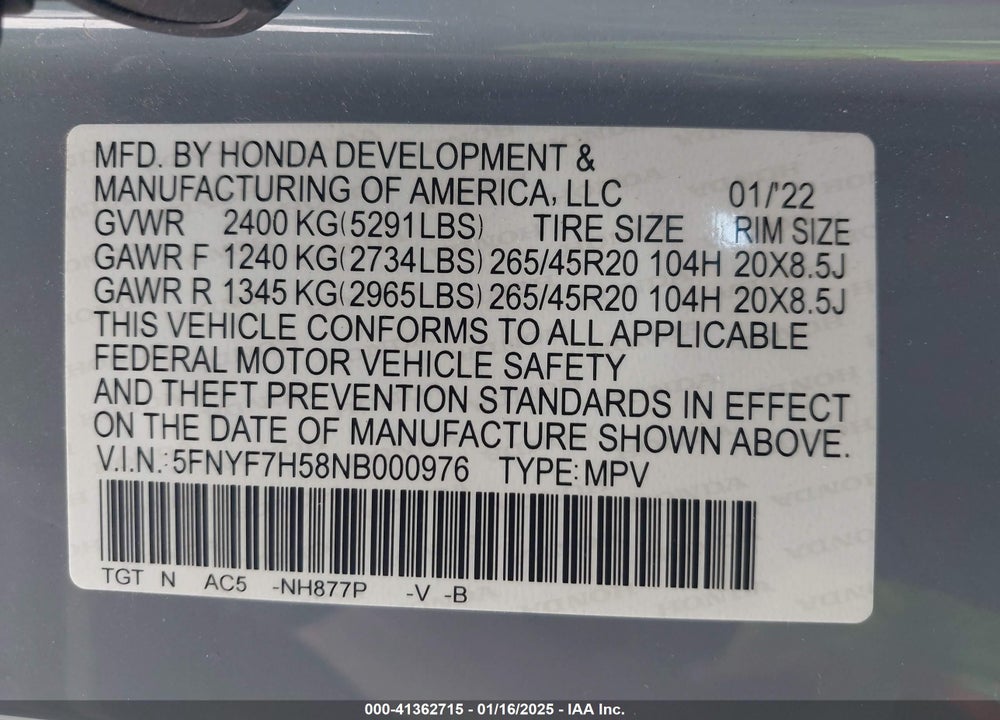 2022 HONDA PASSPORT 2WD EX-L VIN: 5FNYF7H58NB000976