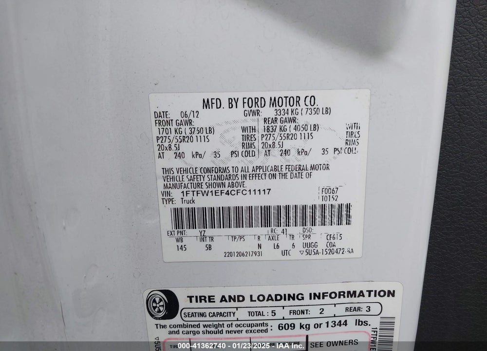 2012 FORD F-150 VIN: 1FTFW1EF4CFC11117