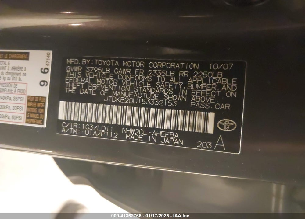 2008 TOYOTA PRIUS TOURING VIN: JTDKB20U183332153