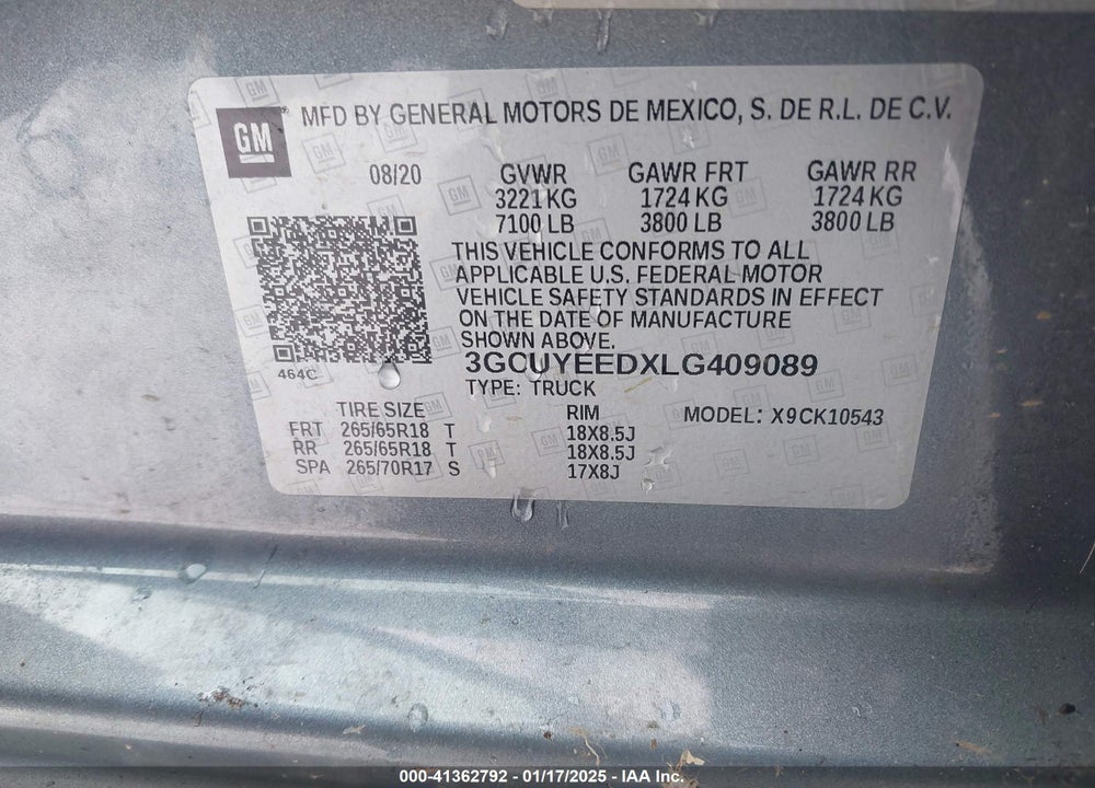 2020 CHEVROLET SILVERADO 1500 VIN: 3GCUYEEDXLG409089