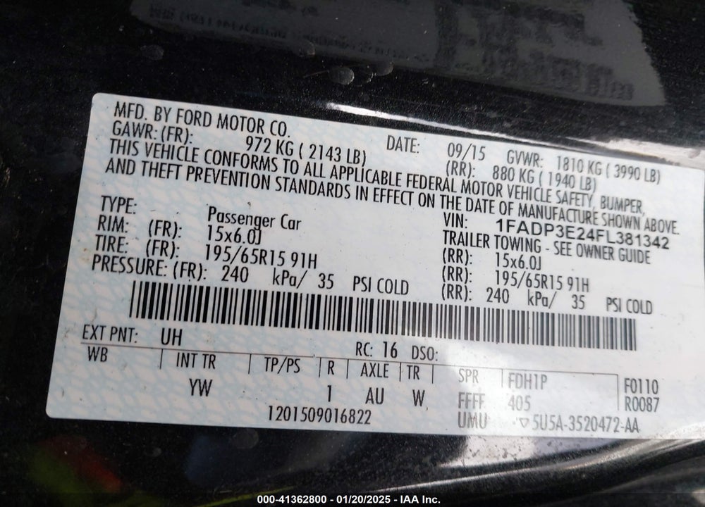 2015 FORD FOCUS S VIN: 1FADP3E24FL381342