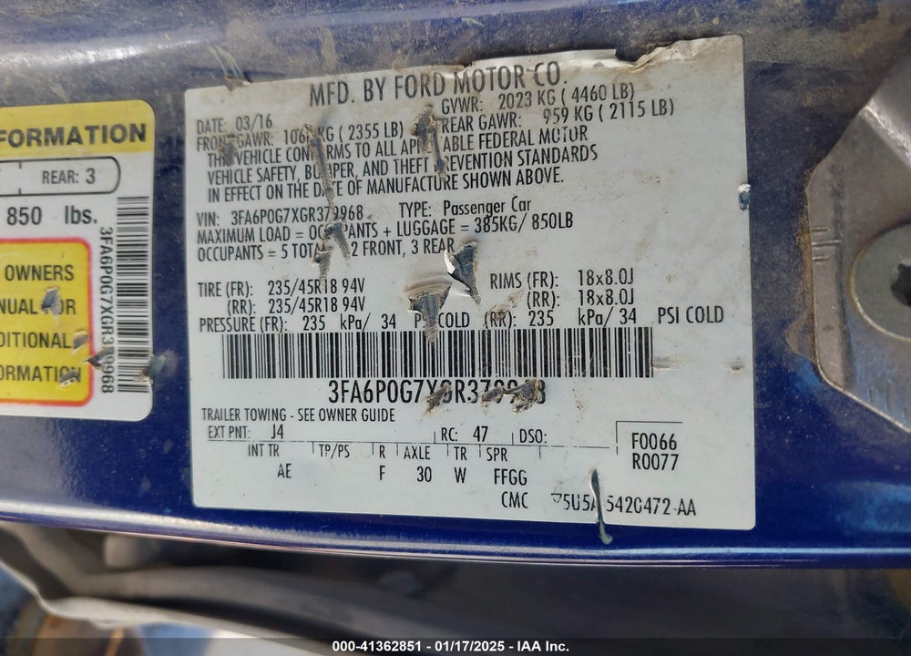 2016 FORD FUSION VIN: 3FA6P0G7XGR379968
