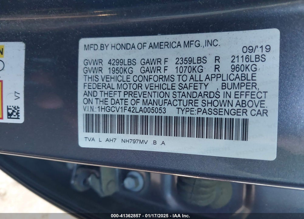 2020 HONDA ACCORD VIN: 1HGCV1F42LA005053
