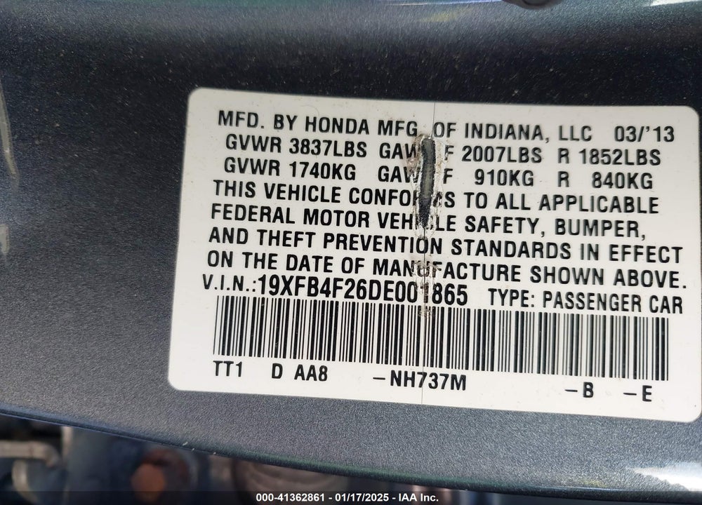 2013 HONDA CIVIC HYBRID VIN: 19XFB4F26DE001865