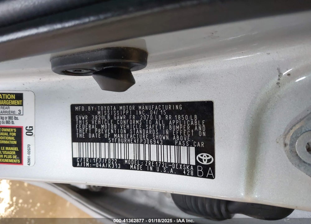 2015 TOYOTA COROLLA S VIN: 5YFBURHE4FP306943