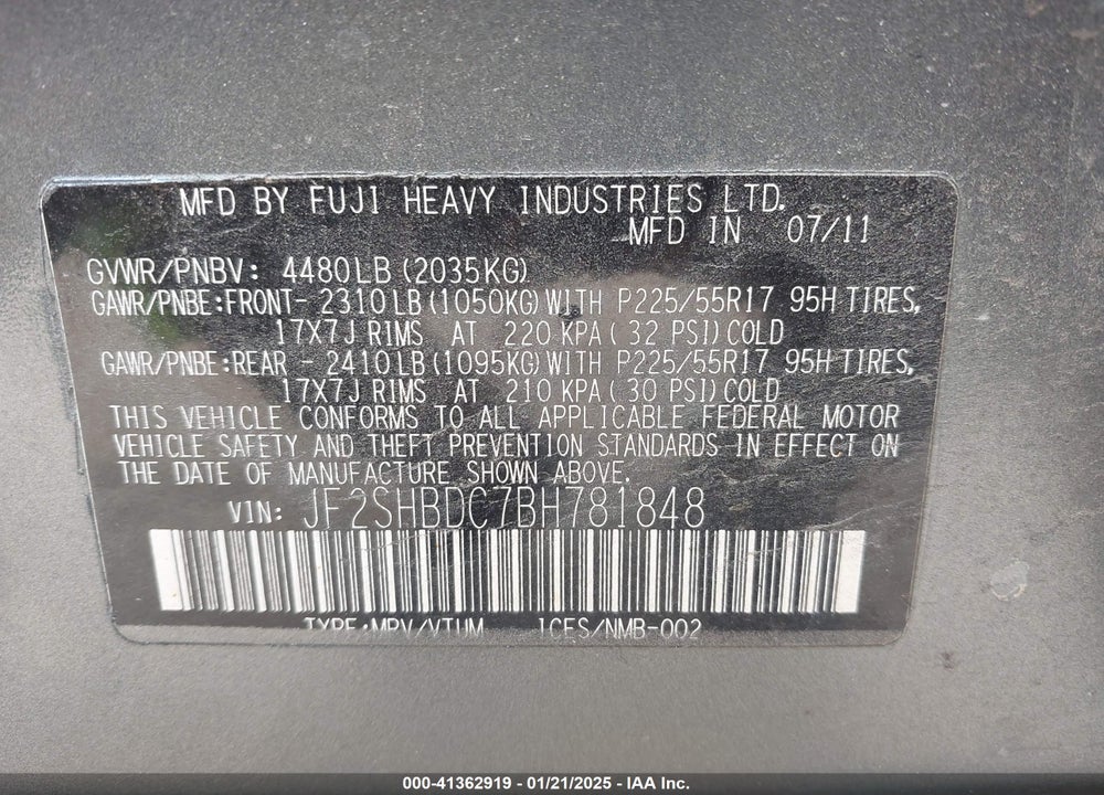 2011 SUBARU FORESTER 2.5X PREMIUM VIN: JF2SHBDC7BH781848