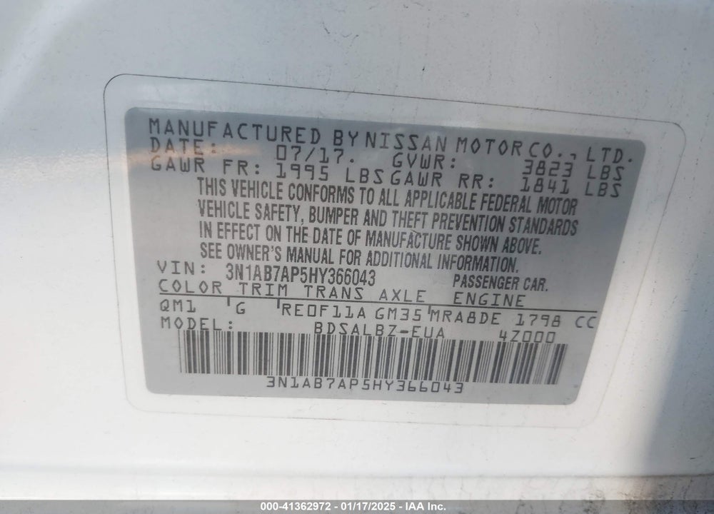 2017 NISSAN SENTRA VIN: 3N1AB7AP5HY366043